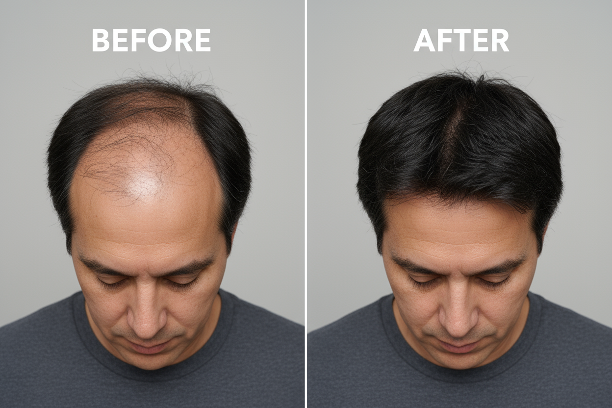 Middle aged Hispanic man suffering from hair thinning hold head down in a side by side before and after photo 