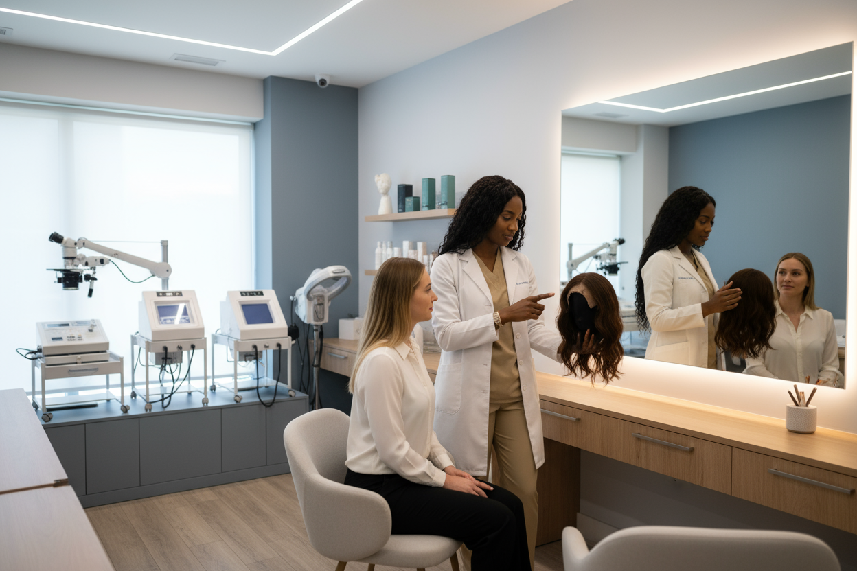 Wig consultation in a sleek office of an African American female cranial prosthesis specialist/ trichologist office wearing a white lab coat with tan scrubs serving a white women for a medical grade wig 